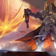 A large, powerful alien holds with one giant hand a smaller man in armor above a sci-fi city.